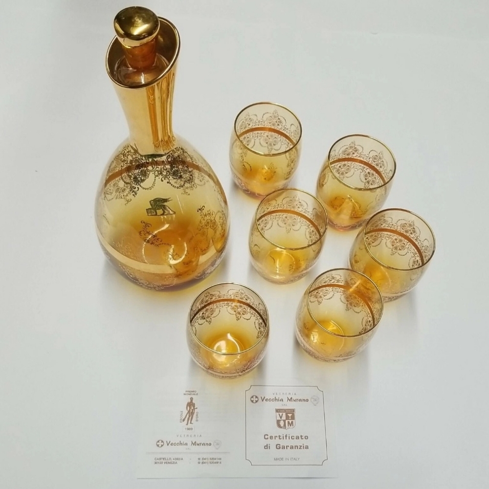 Murano Italy 24 Kt Gold Floral Glass Decanter & 6 Matching Glasses